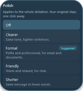 Actual Nima 0.2.4 style chooser showing Off, Clearer, Formal, Friendly and Shorter