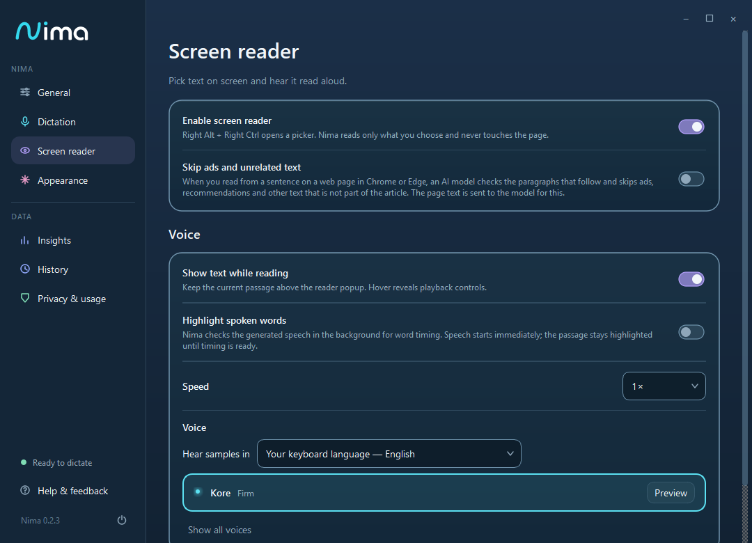 Actual Nima 0.2.4 Screen reader settings including Skip ads and unrelated text